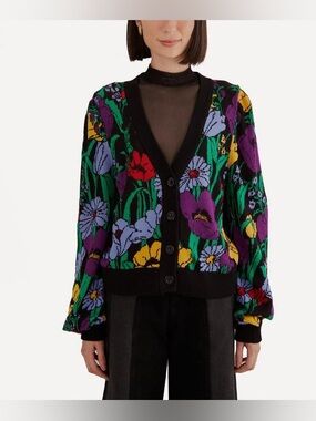 FARM Rio Black Bucolic Garden Knit Cardigan XS Slouchy Relaxed Fit